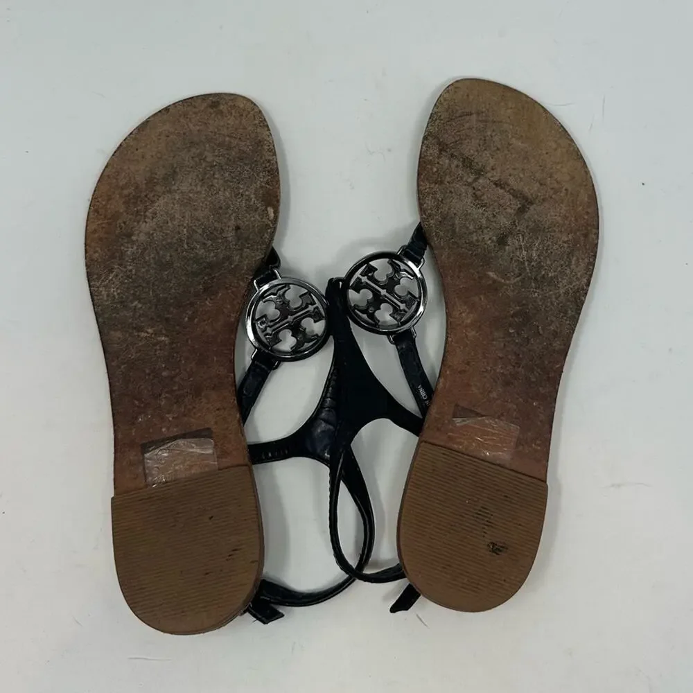 Tory Burch Violet Thong Sandals Black Crystal Logo Size 7.5 Leather Ankle Strap